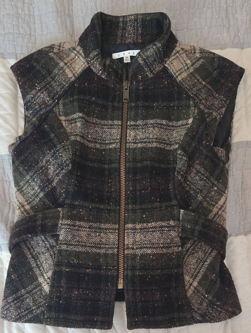 CAbi Dark Green & Tan Plaid Zip-Front Vest